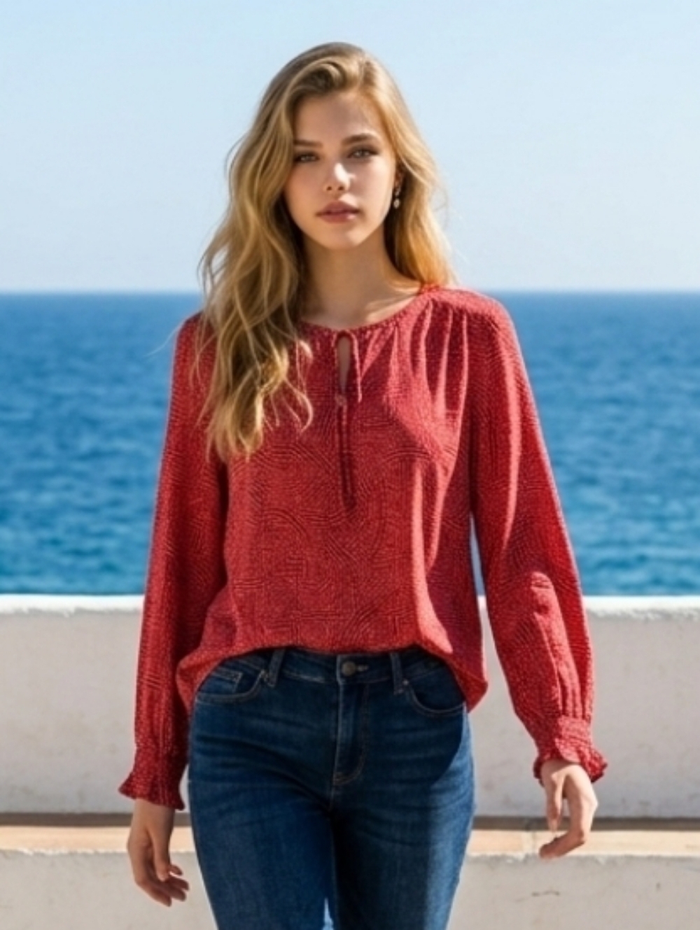 Knox Rose Red Long Sleeve Tie Front  Flowy Blouse Size Large